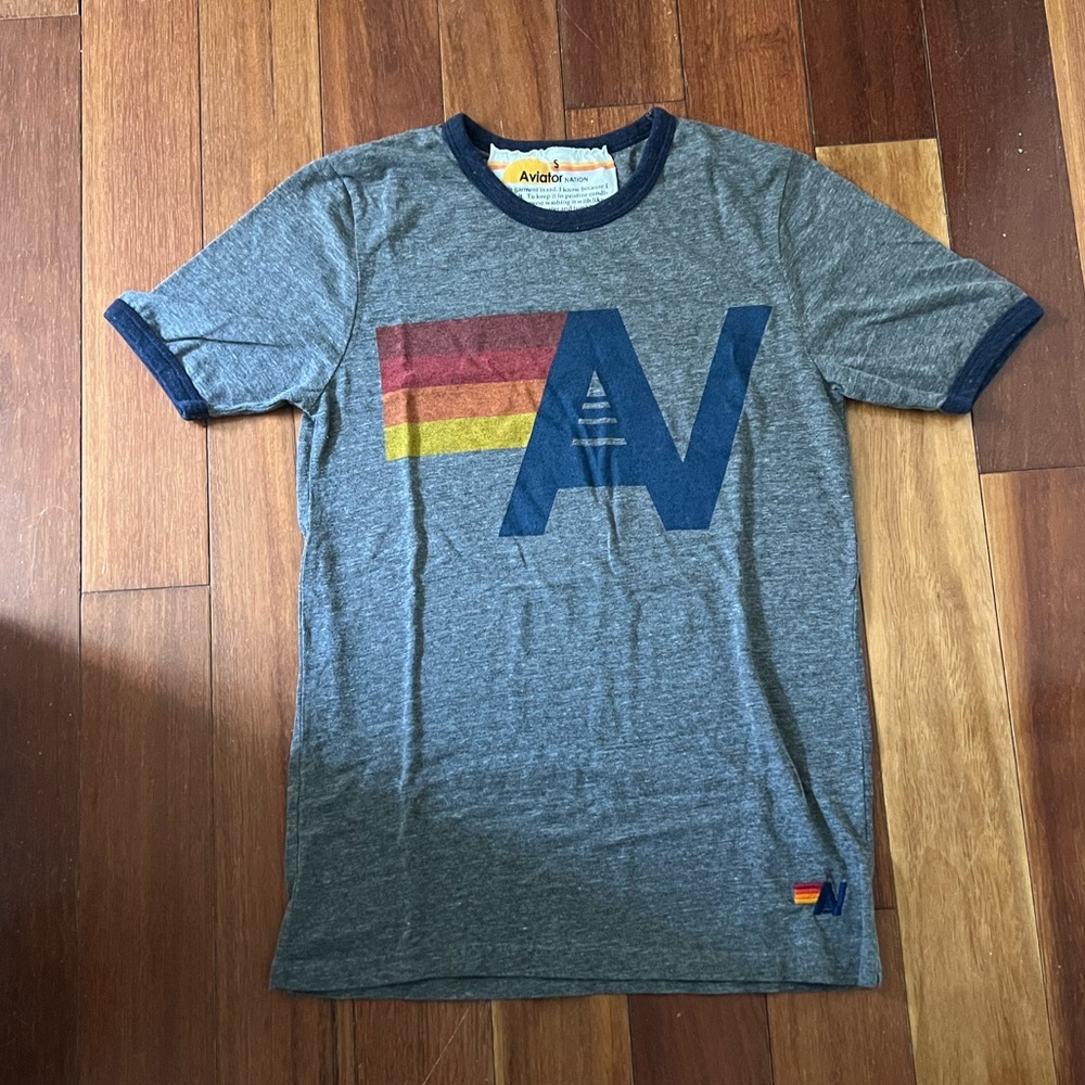 RARE Aviator Nation Unisex Crew Logo Ringer Tee - Heather Gray - S